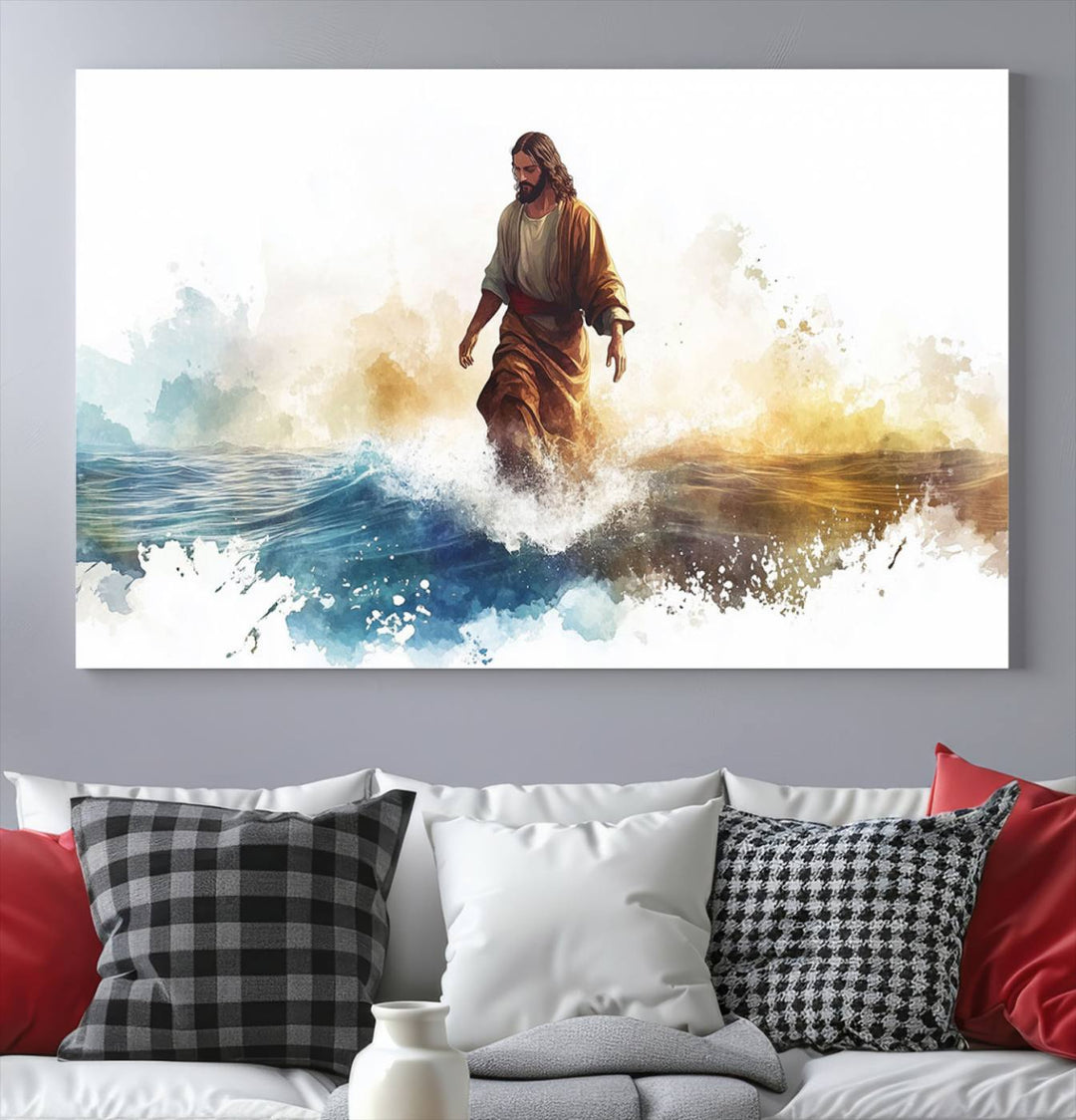 Watercolor Jesus Walking on Water Canvas Print, Christian Wall Art, Jesus Christ Walking