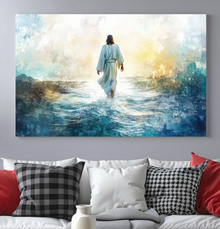 Watercolor Jesus Walking on Water Canvas Print, Christian Wall Art, Jesus Christ Walking