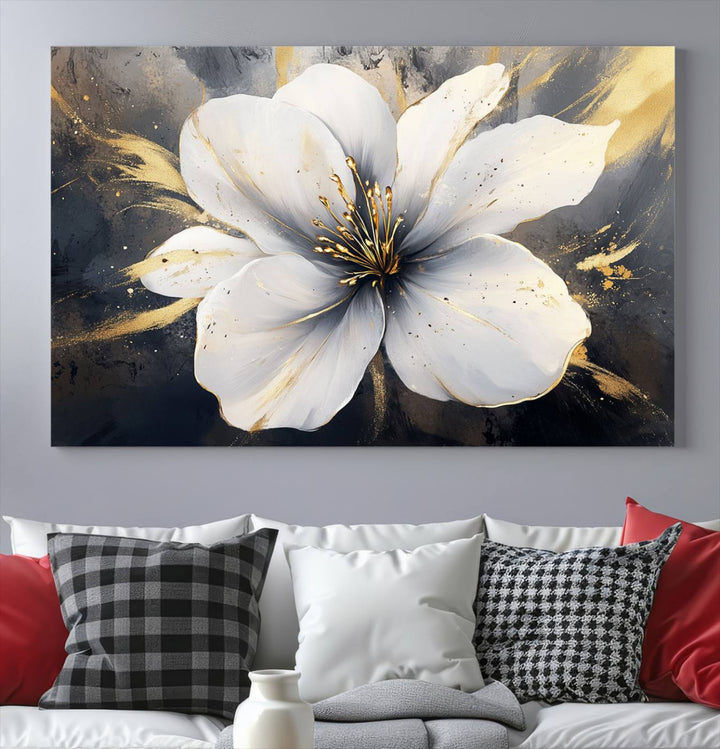 White Flower Wall Art | Canvas Print | Ready to Hang | Abstract Floral Wall Decor | Elegant Bloom Artwork | Framed for Living Room or Bedroom