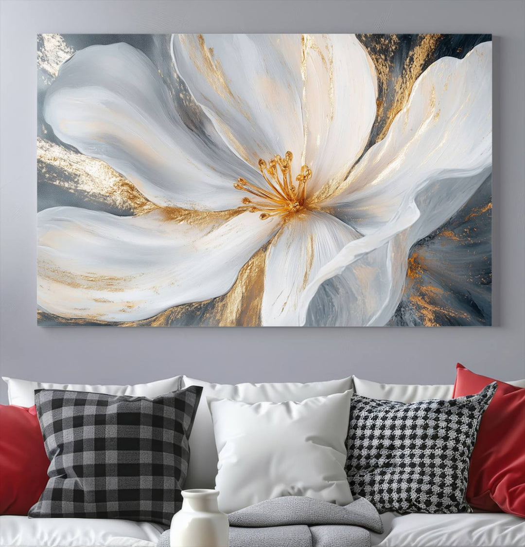 White and Gold Floral Canvas Wall Art - Framed and Ready to Hang - Perfect for Modern Living Rooms