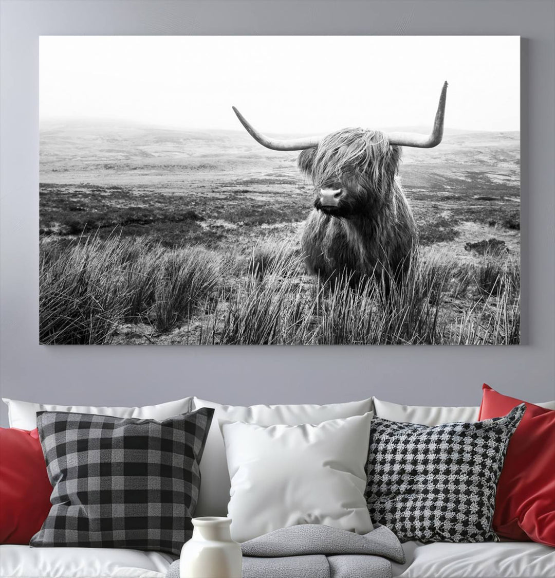 Scottish Highland Cow Wall Art | Black and White Canvas Print | Ready to Hang and Framed | Rustic Farmhouse Wall Decor for Living Room or Office