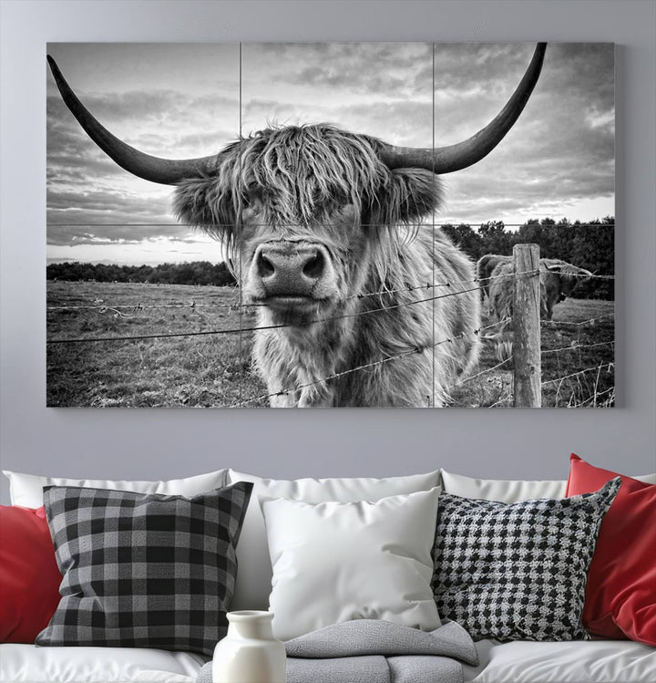 Scottish Highland Cow Wall Art Canvas Print | Ready to Hang and Framed | Rustic Farmhouse Decor