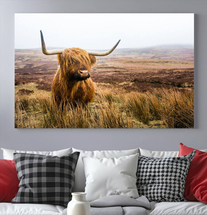 Scottish Highland Cow Wall Art Canvas Print | Ready to Hang and Framed | Rustic Farmhouse Decor for Living Room or Cabin