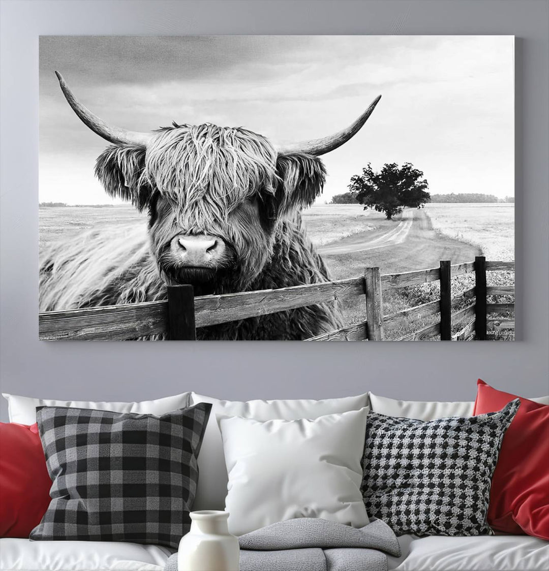 Scottish Highland Cow Wall Art | Rustic Farmhouse Décor | Black and White Ready to Hang Canvas Print