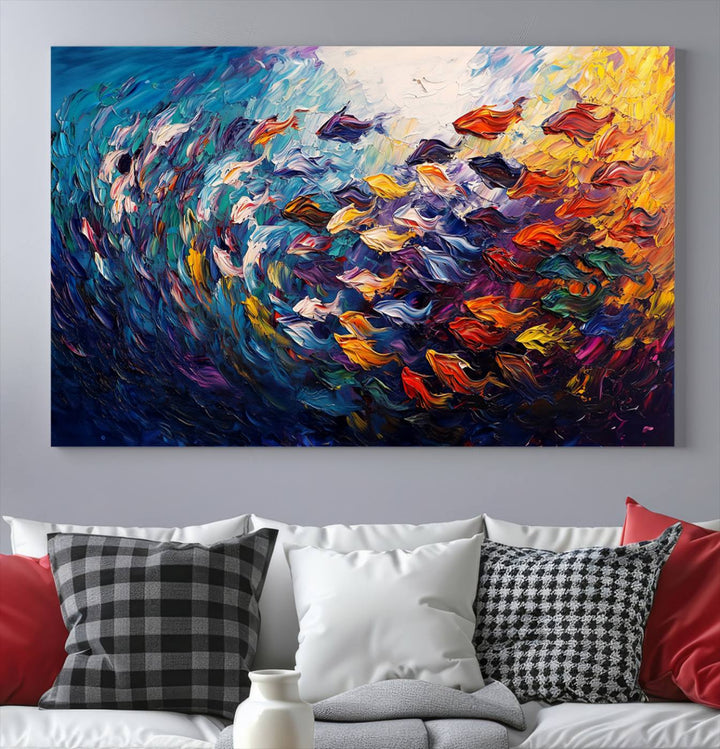 Vibrant Abstract Fish Swarm Art – Colorful Fish Inspired 3-Piece Canvas Wall Art for Living Room or Office – Framed and Ready to Hang