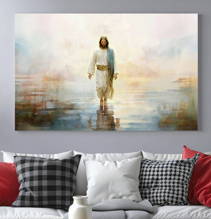 Framed Jesus Walking on Water Wall Art - 3-Panel Christian Canvas Prints, Religious Artwork, Ready to Hang Home Decor for Living Room, Office, or Church