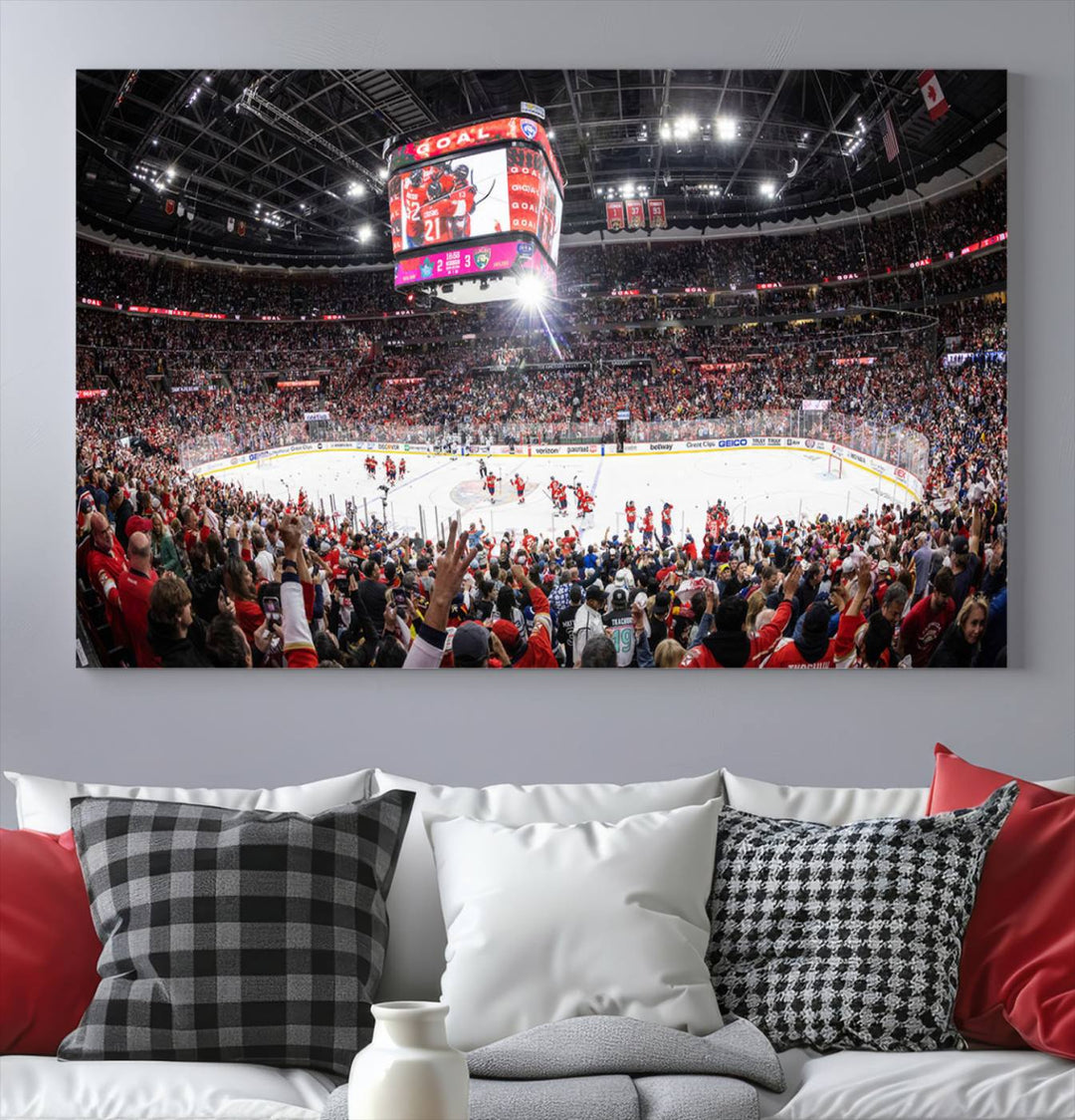 The wall art, a high-quality basketball arena canvas, evokes the excitement of fans cheering at the Amerant Bank Arena.