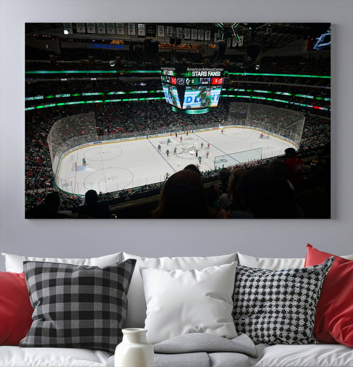 The Dallas Stars Wall Art Canvas Print is as clear as the scoreboard stats at a hockey game in a large arena with bright lights.