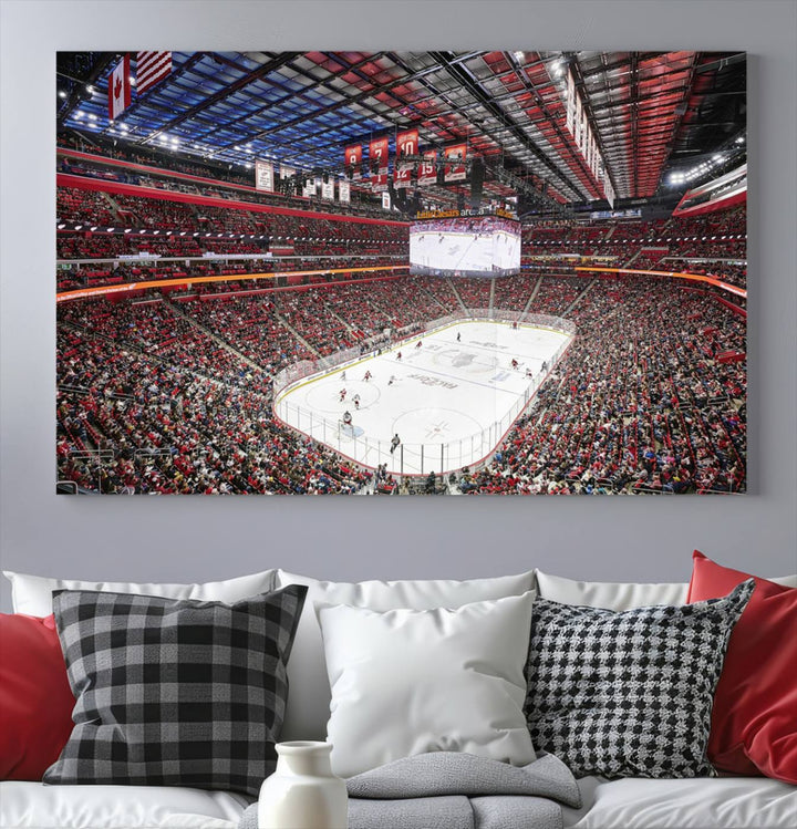 A Barton Malow canvas depicting Little Caesars Arena from above is beautifully printed in high resolution for your wall.