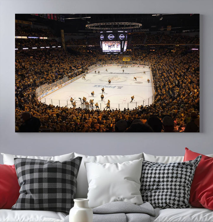 A captivating triptych canvas print, titled "Bridgestone Arena - Nashville Predators Hockey Team Print," adorns the wall. This Nashville wall art canvas print is perfect for Predators fans who appreciate sports-themed decor.