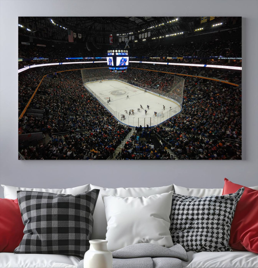 The nautical-themed room is enhanced by the KeyBank Center New York Buffalo Sabres Hockey Stadium Wall Art Canvas Print, a three-panel depiction of a bustling hockey arena with a gallery-quality finish. This canvas artwork, handmade in the USA, introduces an element of sporting elegance to your decor.