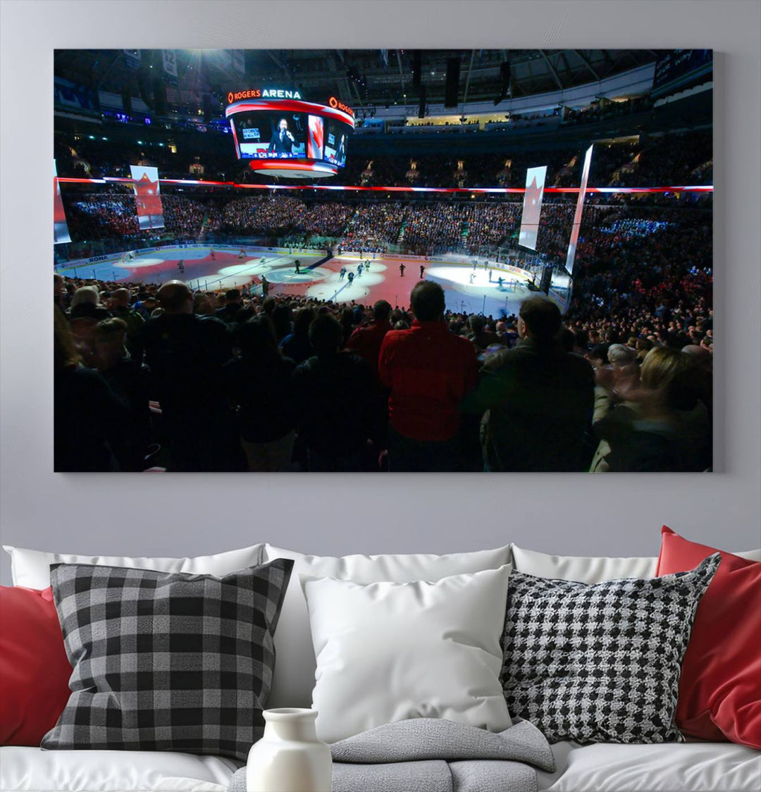 Experience the intense atmosphere of a full-capacity ice hockey game at Rogers Arena, home of the Vancouver Canucks, captured on museum-quality canvas.