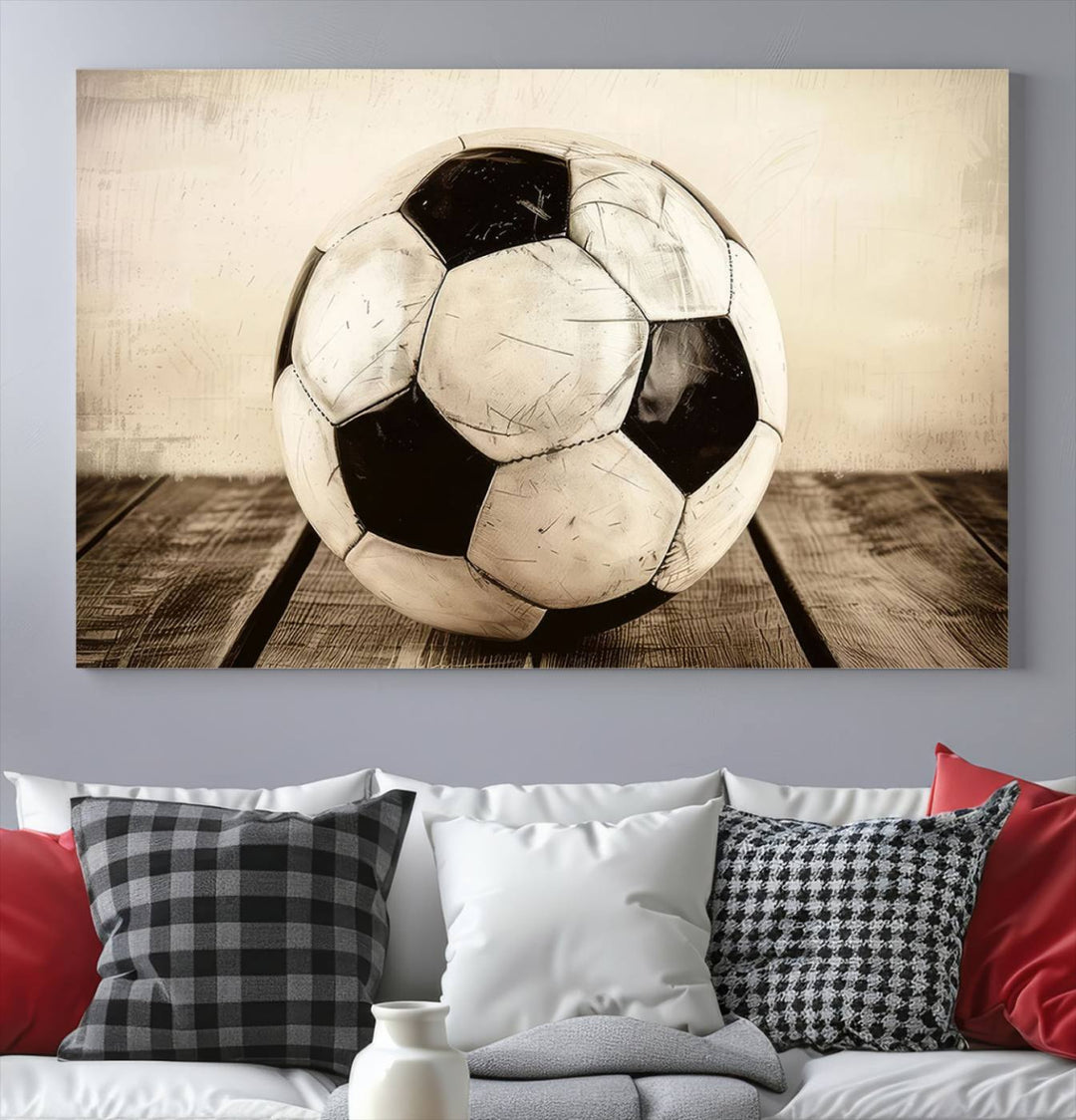 Vintage Soccer Ball Triptych Canvas Art – 3-Panel Soccer Wall Decor, Framed and Ready to Hang Sports Art for Home, Office, or Gym