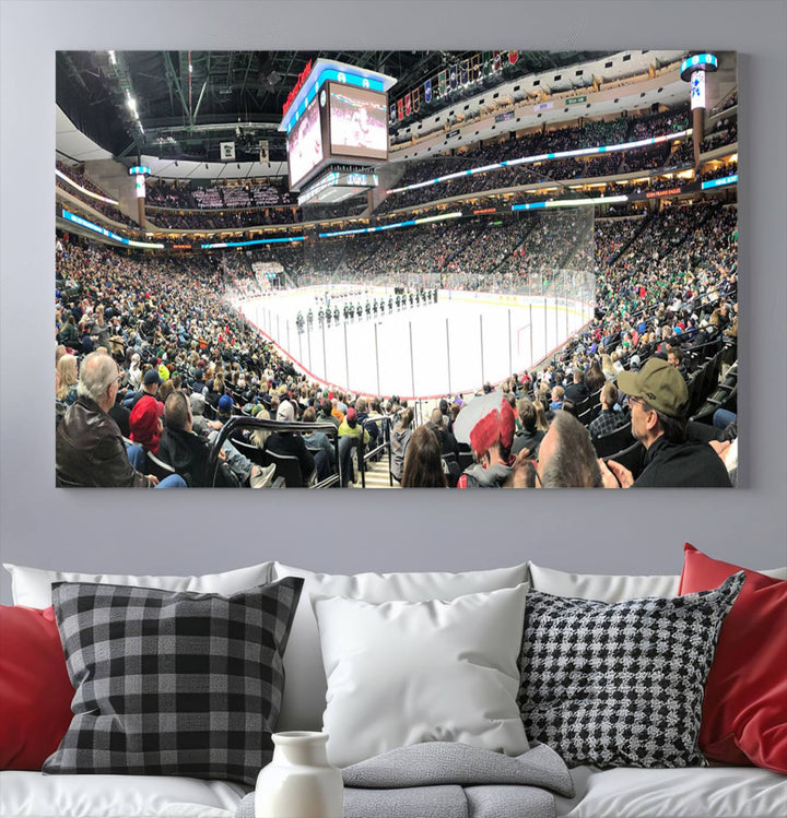 The Xcel Energy Center St Paul Minnesota Wild Ice Hockey Stadium Wall Art Canvas Print captures a packed hockey arena with spectators watching players on the ice. It is elegantly preserved on museum-quality canvas with vibrant details protected by a UV-protective coating.