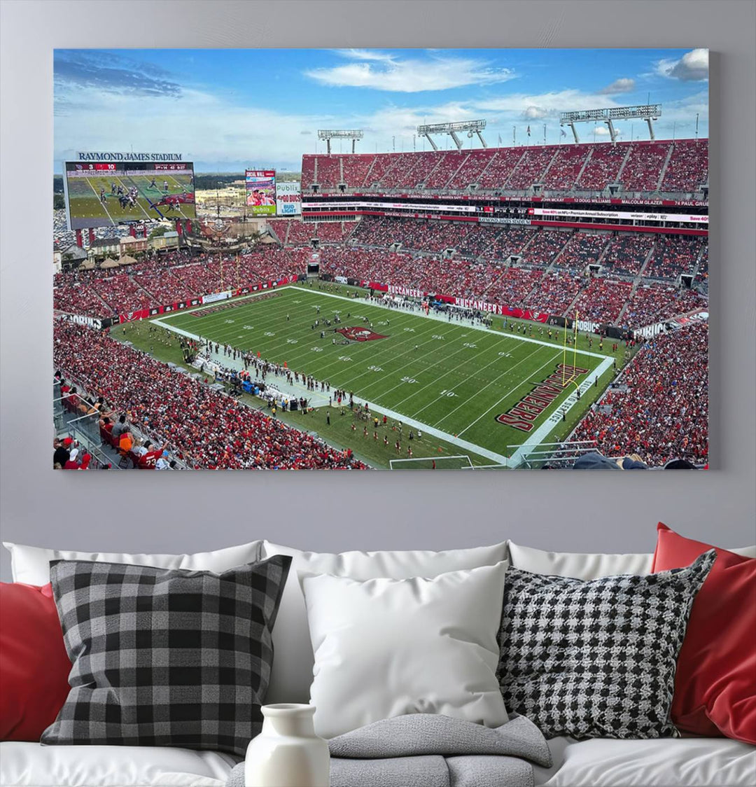 The Florida Tampa Raymond James Stadium Wall Art Canvas Print is featured above the cabinet.