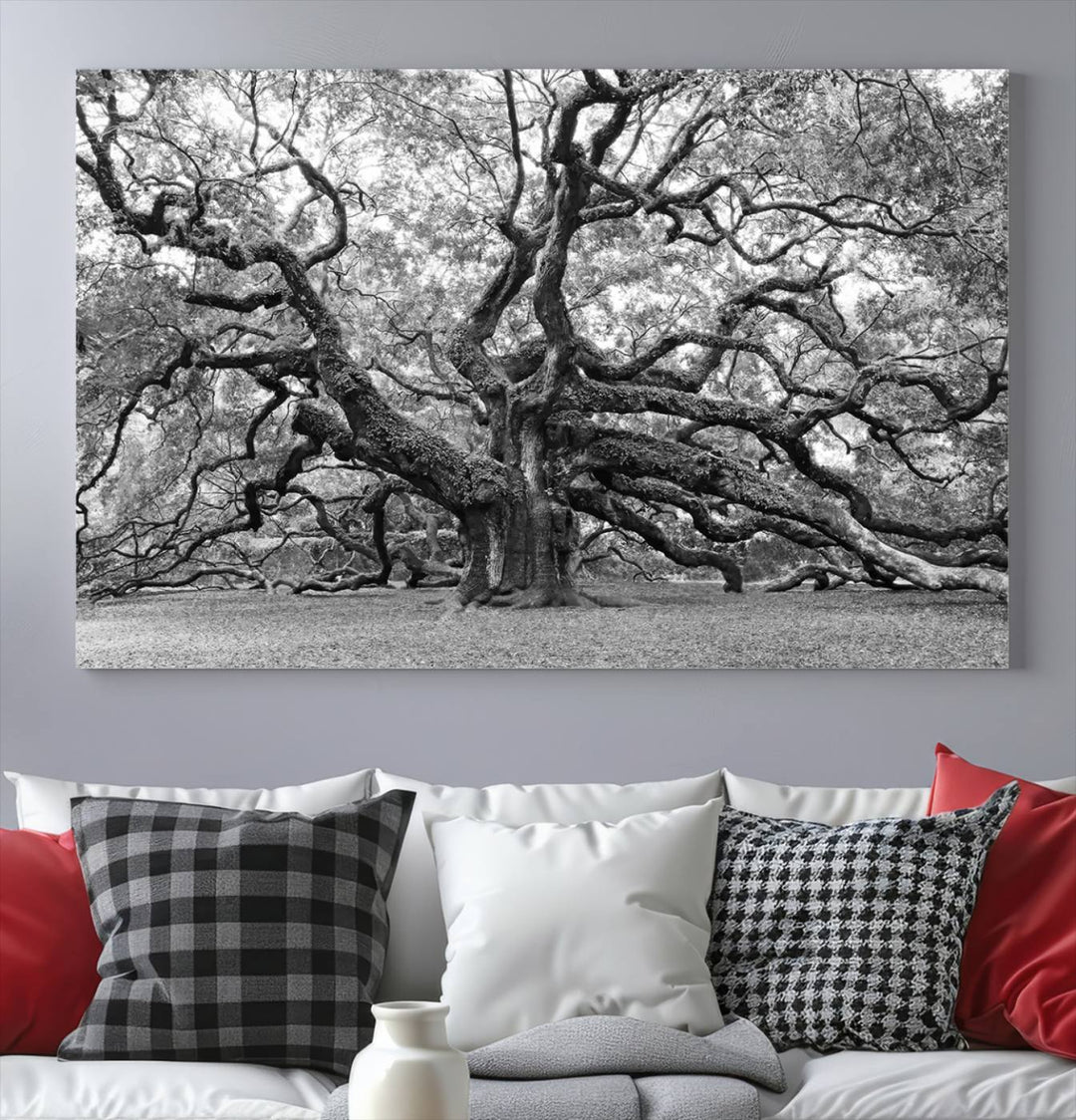 Black White Angel Oak Tree Wall Art - Timeless Nature-Inspired Canvas for Rustic, Modern, or Traditional Home Decor