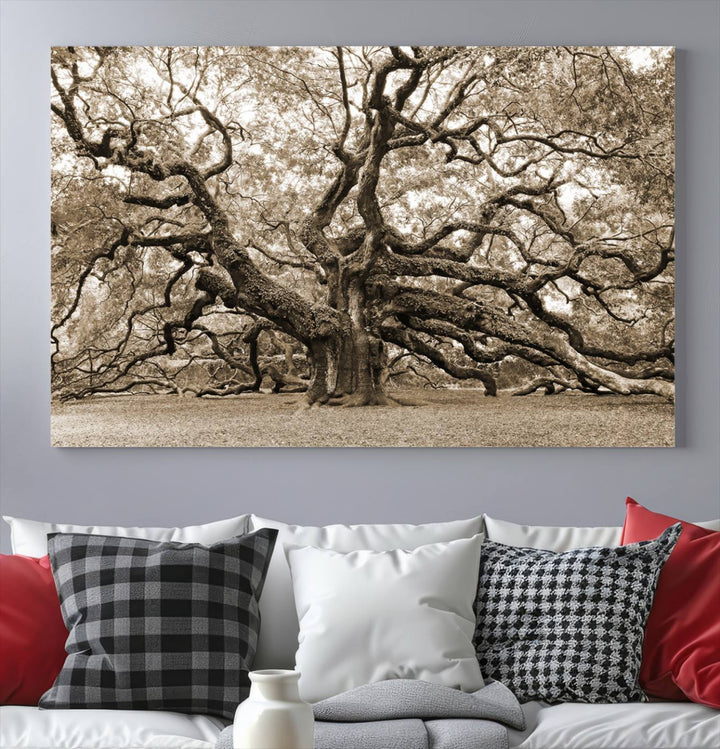 Displayed on the wall is a Sepia-framed Angel Oak Tree 3-panel canvas.