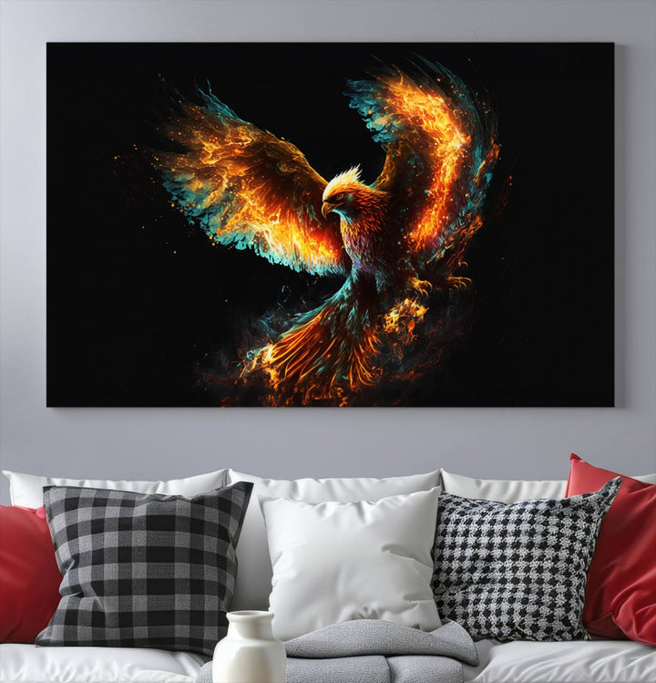 Fiery Phoenix Canvas Print | Ready to Hang Wall Art | Bold Fantasy Decor for Living Room | Majestic Bird Artwork