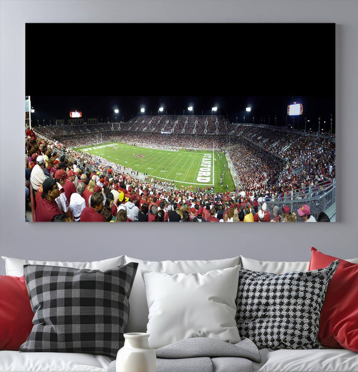 This Stanford University Cardinal Football Team canvas print, depicting fans in red filling Stanford Stadium at night, is perfect.