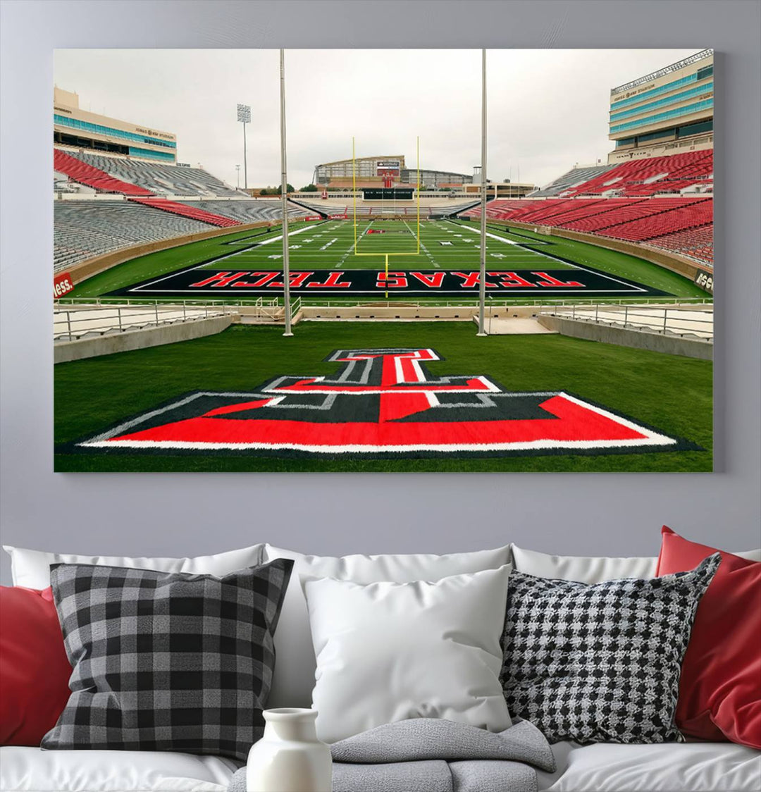 Gallery-quality print of Lubbock Jones AT&T Stadium featuring the Texas Tech Red Raiders field, highlighted by red and gray bleachers.