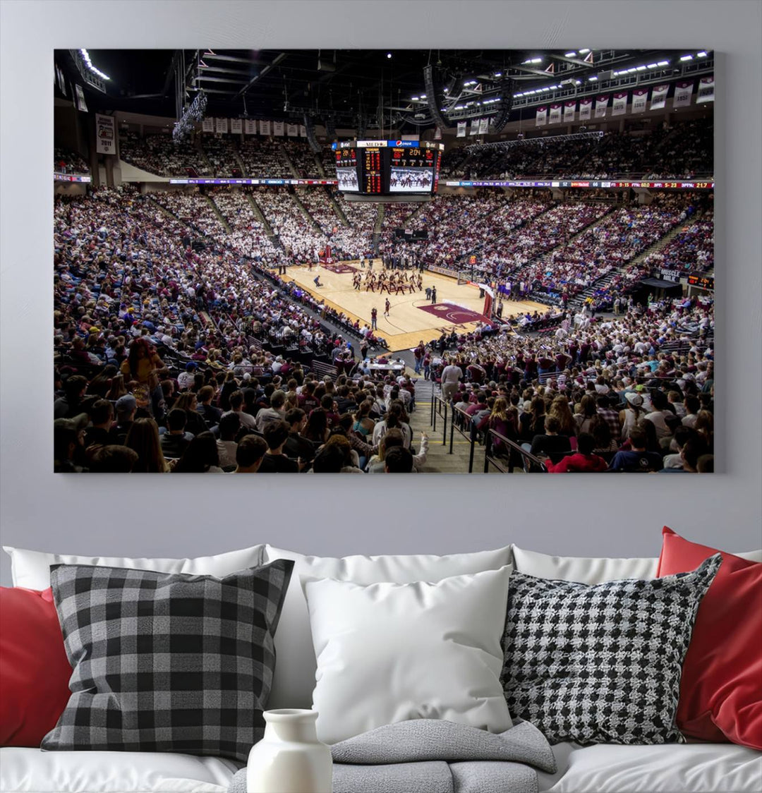 The Nebraska Basketball Arena Wall Art Canvas features an arena filled with Cornhuskers fans and players beneath a scoreboard.