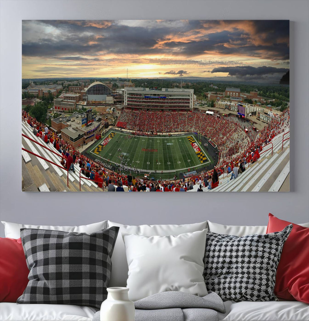 The University of Maryland Terrapins Football Team Print features SECU Stadium at sunset with vibrant skies.