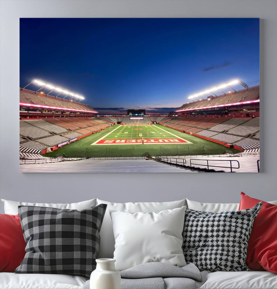 A large SHI Stadium at dusk, ideal for a Rutgers Scarlet Knights Football Team canvas print.