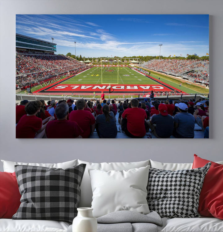 The Ball State Cardinals wall art on canvas depicts fans in red at Scheumann Stadium.