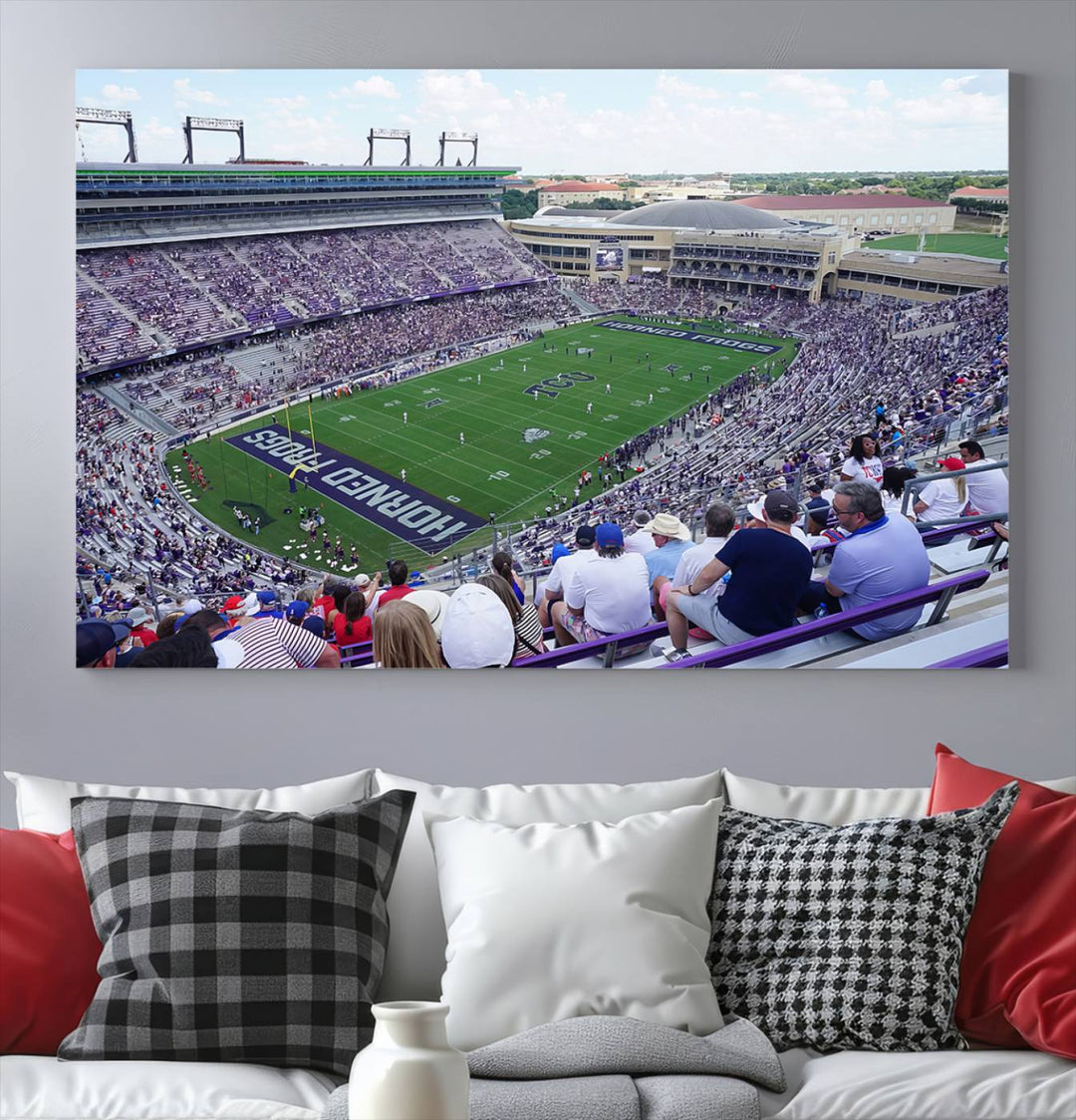 Amon G. Carter Stadium wall art canvas showcasing the TCU Horned Frogs and packed stands at Fort Worth.