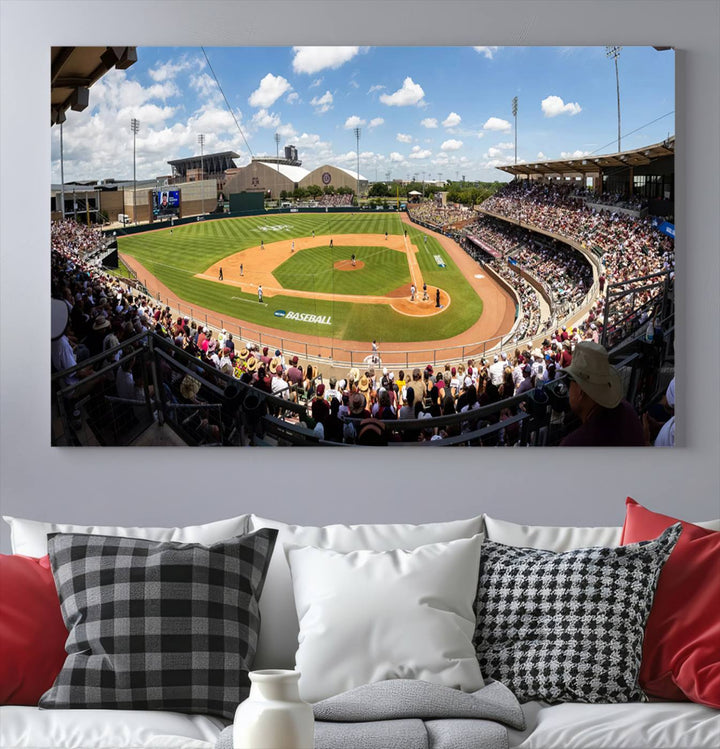 A baseball stadium under a blue sky, capturing the energy of The Texas A&M Aggies Athletics Kyle Field Wall Art.