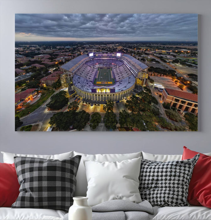 The LSU Tigers Football Team Baton Rouge Tiger Stadium Canvas is displayed prominently, capturing attention with its vivid depiction of the iconic stadium.