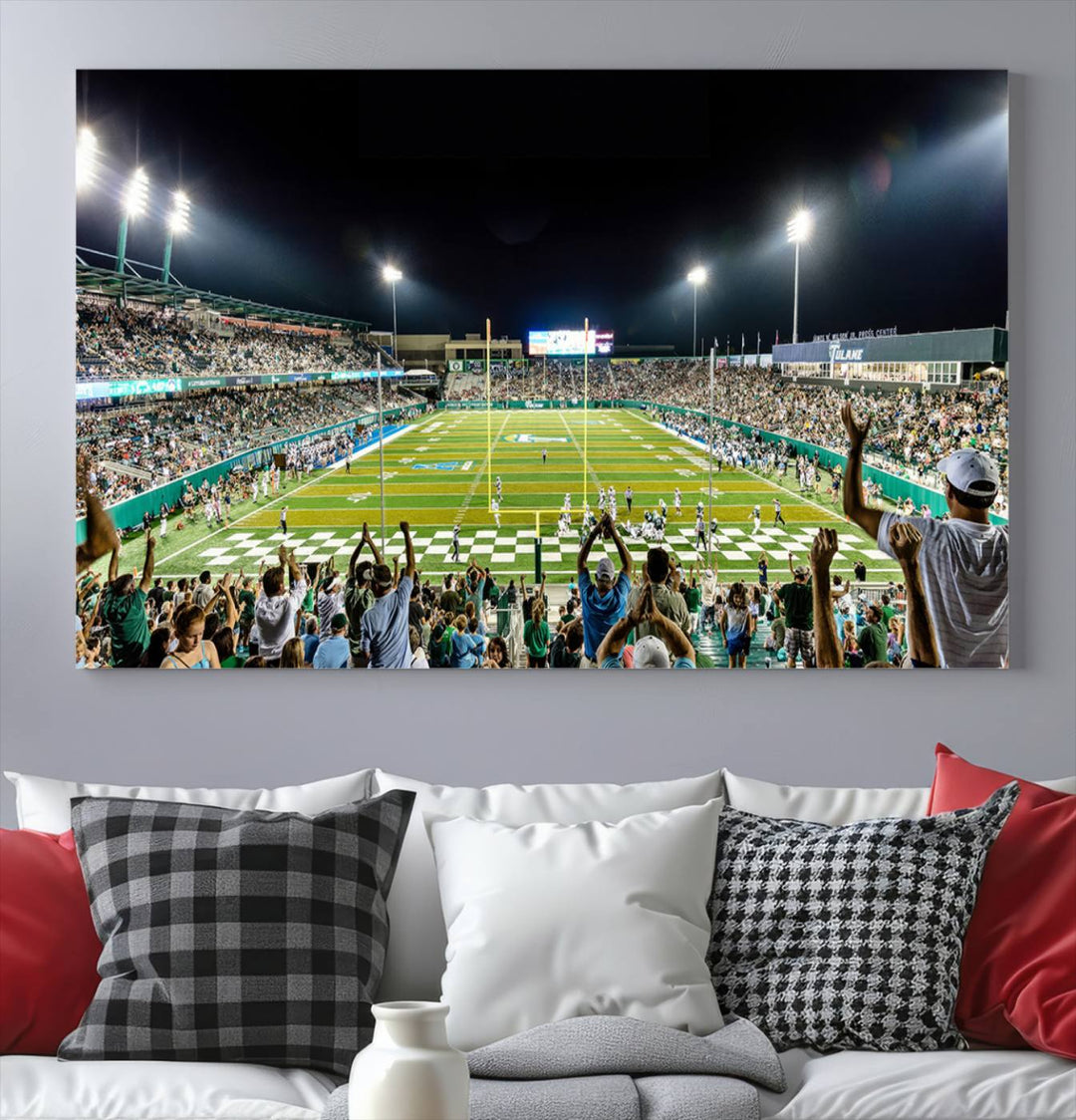 This vibrant wall art canvas print captures the excitement of fans cheering for the Tulane Green Wave Football Team under the lights of Yulman Stadium.