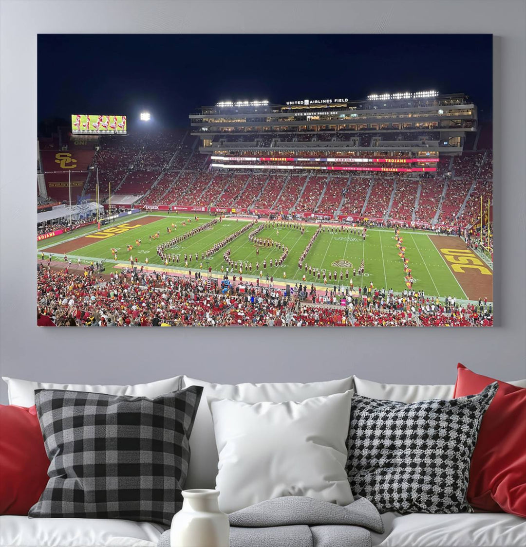 Canvas print depicting a packed stadium at night with a marching band forming USC, celebrating the Trojans at Los Angeles Memorial Coliseum.