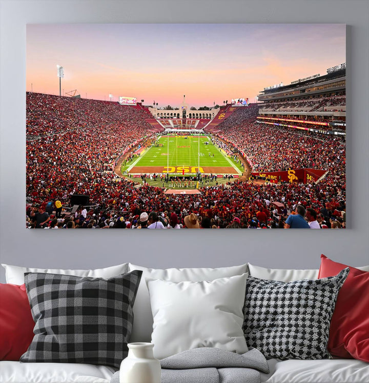 A USC Trojans wall art canvas print highlights the scene, depicting the Coliseum Stadium at sunset.