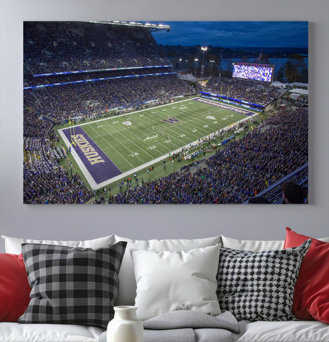 The University of Washington Huskies Football Team Print: Seattle Husky Stadium Wall Art Canvas captures a dusk stadium view.