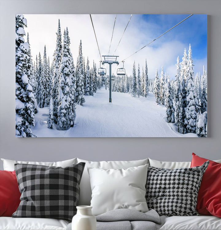 Winter Ski Lift Landscape Wall Art | Snowy Mountain Adventure | Framed and Ready to Hang | Perfect for Cabin Wall Art, Farmhouse Decor