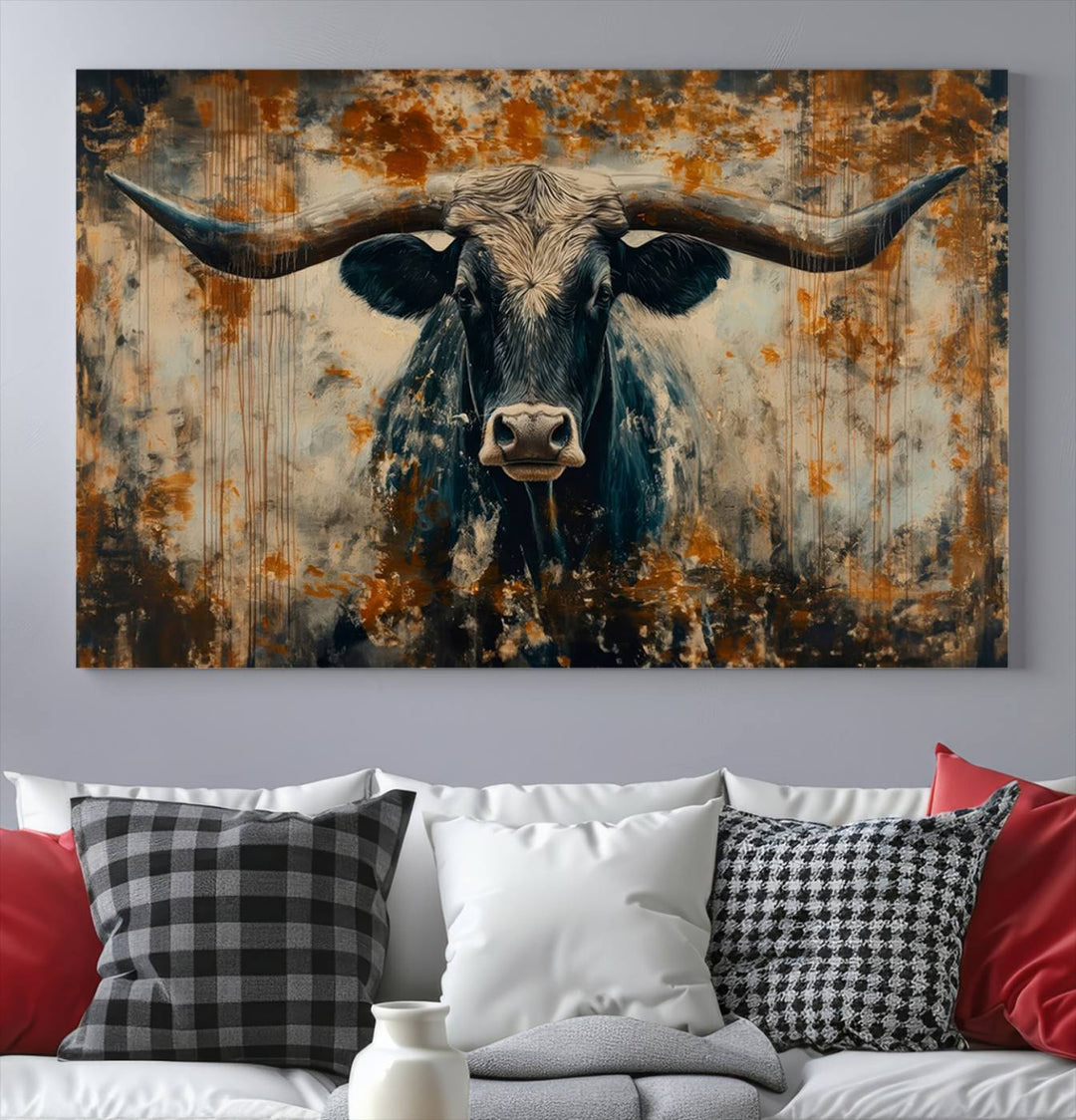 Abstract Longhorn Bull Wall Art | Rustic Western Wall Decor | Framed and Ready to Hang | Ideal for Farmhouse, Lodge, and Barn Decor