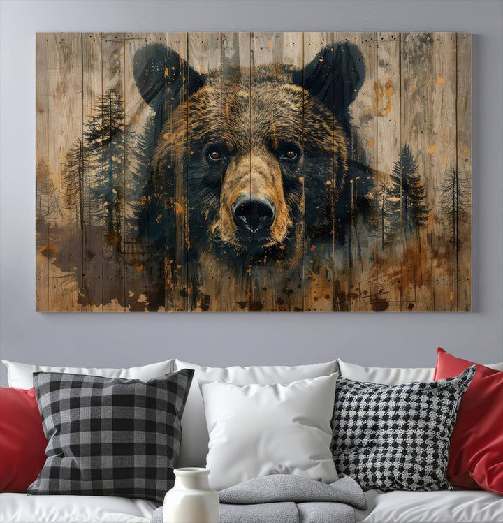 The Abstract 399 Bear Wall Art, featuring a rustic cabin theme with forest design, is framed and ready to hang. It's ideal for lodge, cabin, and barn decor and perfectly complements the nature lover's aesthetic.