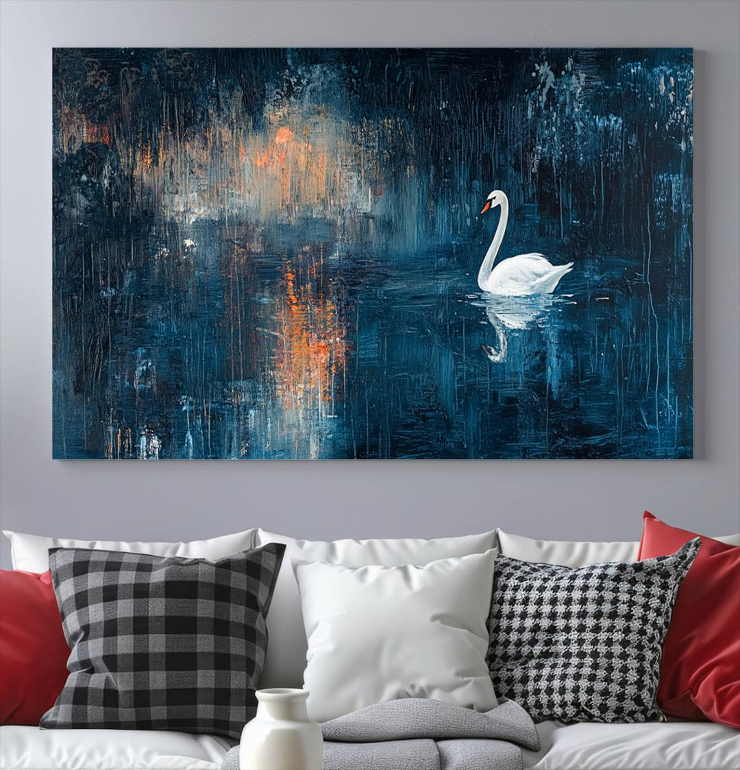 Abstract Swan Wall Art | Moody Blue and Orange Swan Painting on Canvas | Framed and Ready to Hang | Elegant and Modern Art for Living Room or Bedroom Decor