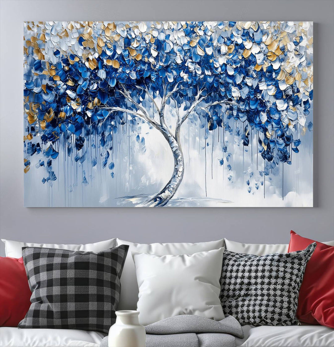 Elegant Blue and Gold Abstract Tree Wall Art | Textured Modern Tree of Life Painting | Framed Canvas Print | Ready to Hang for Dining Room Decor