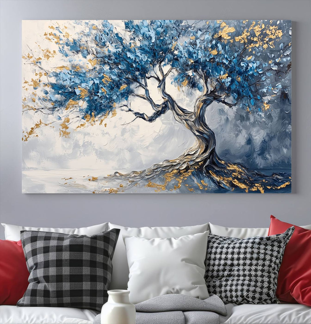 Elegant Abstract Tree Canvas Wall Art | Tree of Life Painting | Textured Art in Blue and Gold | Framed & Ready to Hang for Modern Living Room Decor