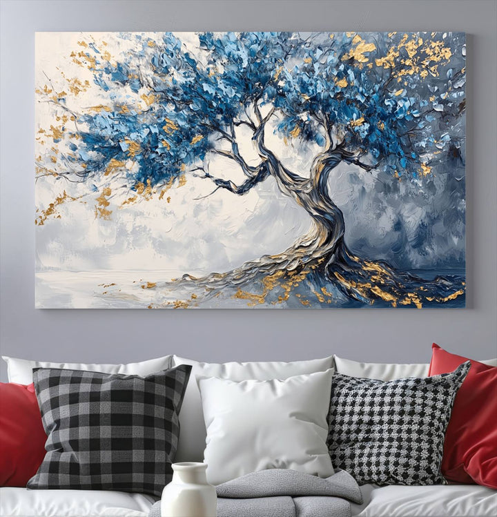 Elegant Abstract Tree Canvas Wall Art | Tree of Life Painting | Textured Art in Blue and Gold | Framed & Ready to Hang for Modern Living Room Decor