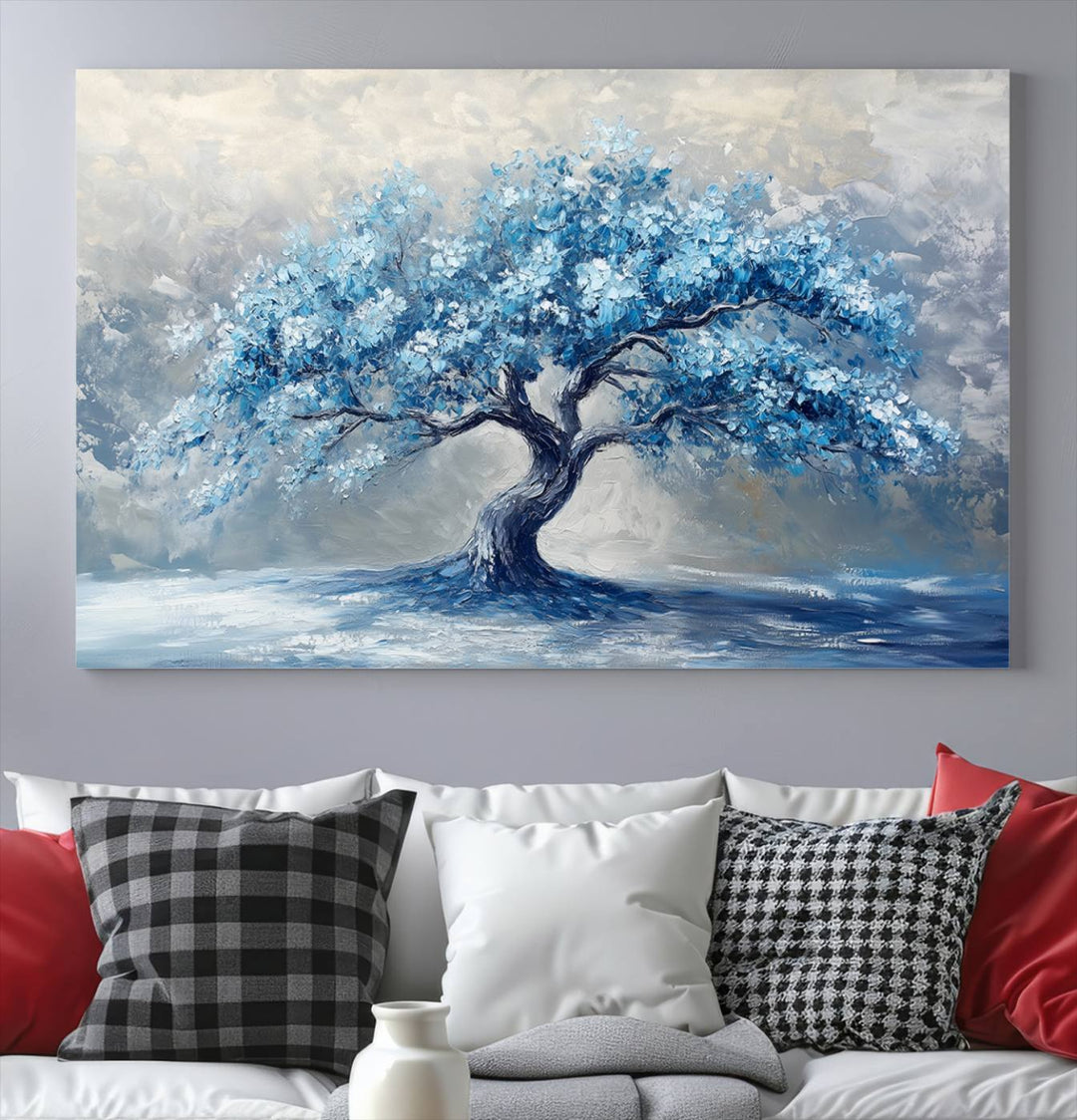 Serene Abstract Blue Tree Wall Art | Canvas Print of a Majestic Tree in Blue Hues | Perfect for Farmhouse, Coastal, and Modern Decor