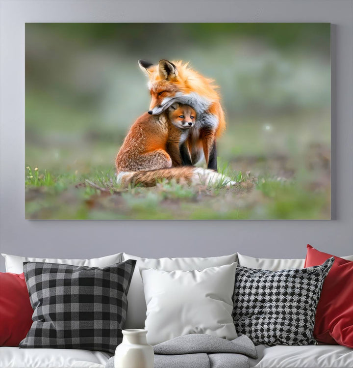 Heartwarming Fox and Baby Cub Wall Art | Ready to Hang Canvas Print of Foxes in Nature | Perfect for Animal Lovers, Rustic Decor, and Cabin Wall Art