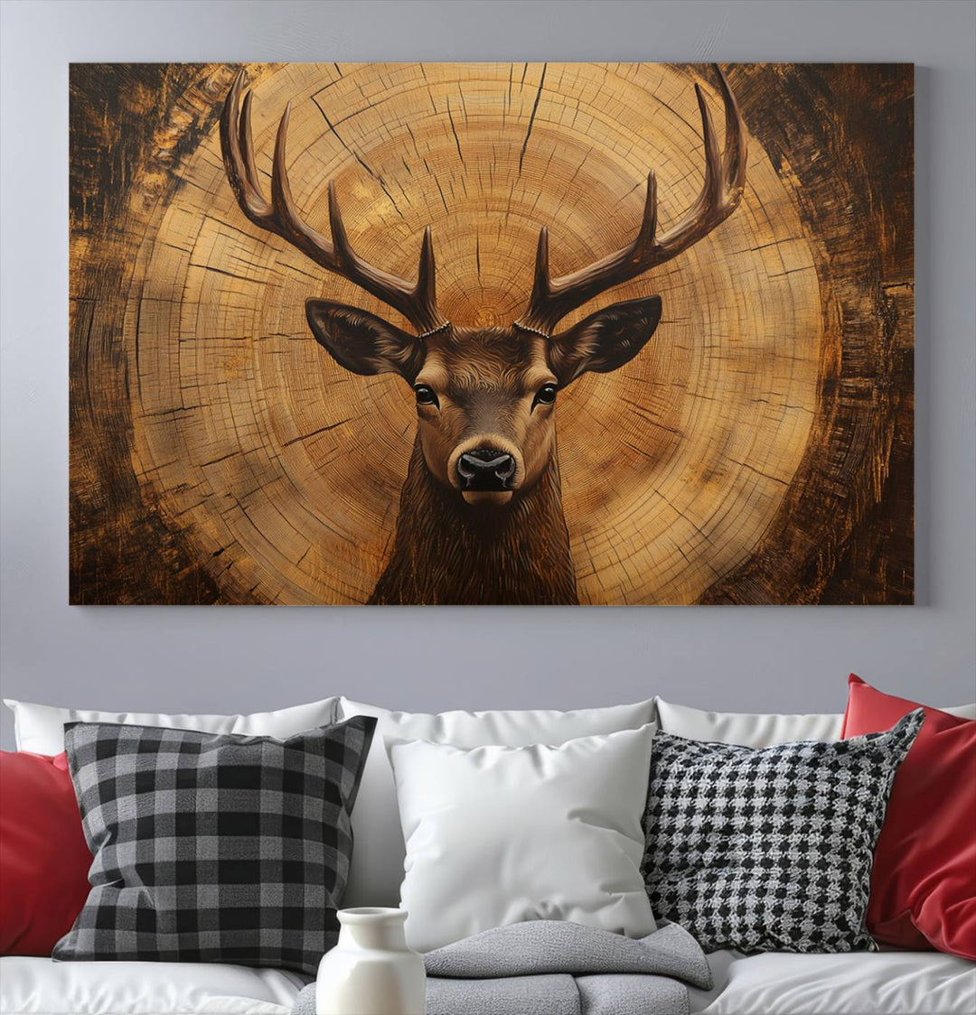 Deer Wall Art Canvas Print | Ready to Hang Canvas Print of a Stag with Rustic Tree Rings | Perfect for Farmhouse Wall Decor, Cabin Wall Art