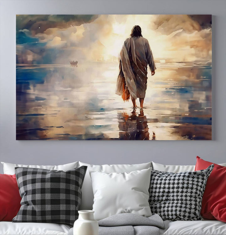 Jesus Walking on Water Wall Art | Ready to Hang Spiritual Triptych Canvas Print | Inspirational Christian Decor for Home or Church