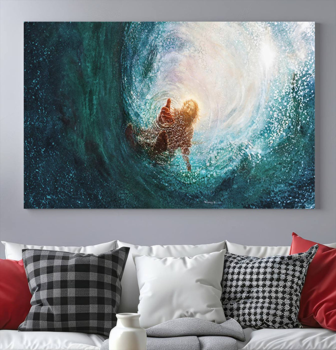 Powerful Jesus Canvas Print - Hand of Salvation, Inspirational Wall Art - Framed, Ready to Hang for Home or Religious Spaces