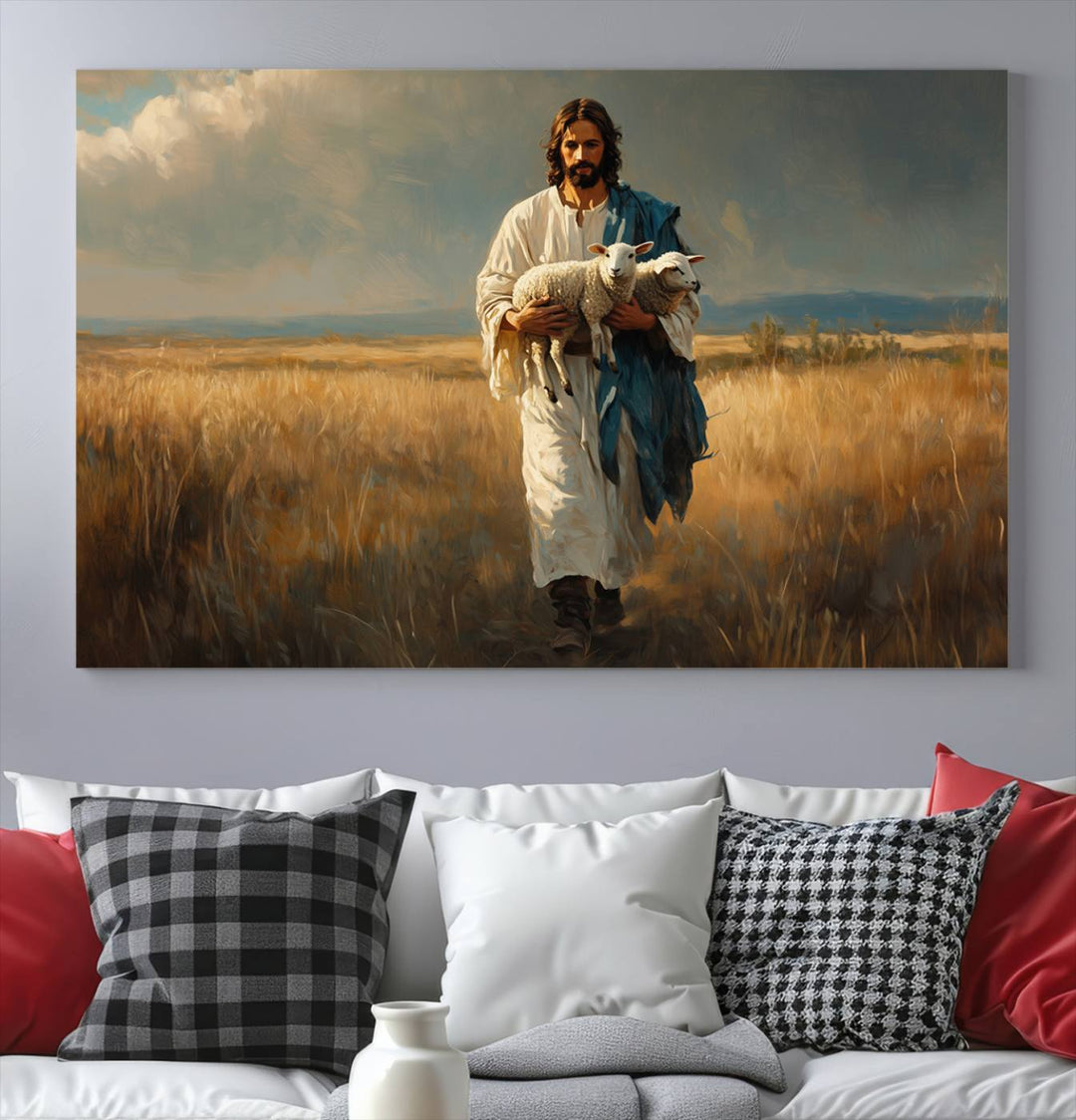 Jesus Shepherd Wall Art | Ready to Hang Triptych Canvas of Jesus Holding a Lamb in a Field | Inspirational Christian Decor for Home