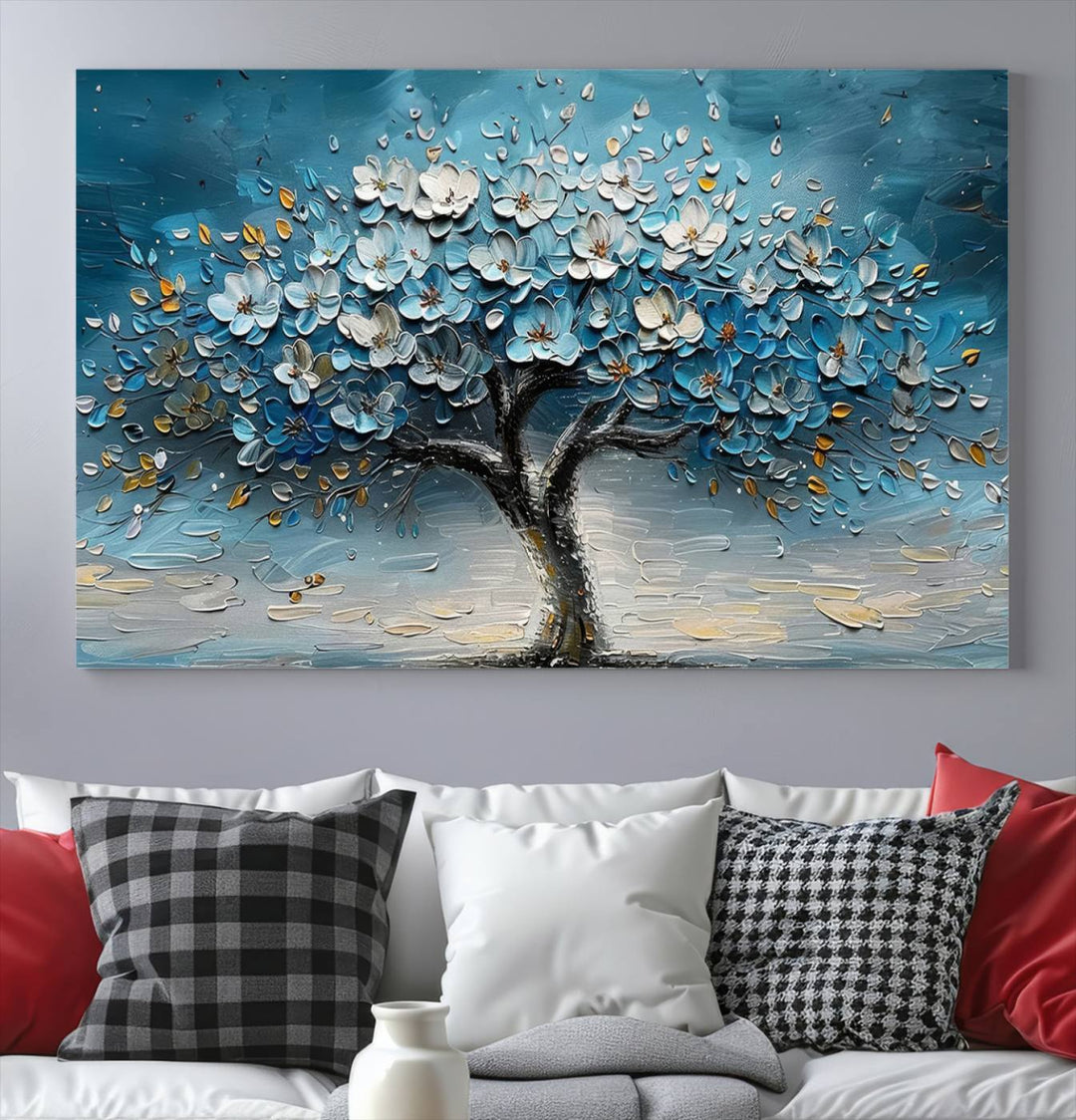 Abstract Blooming Tree Wall Art Print features blue, white, and gold textures on museum-quality canvas, perfect for modern decor.