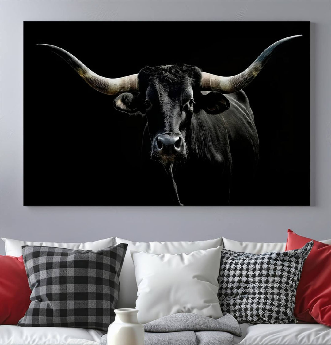 Texas Black Longhorn Bull Wall Art Canvas Print - Western Texas Cattle Rustic Decor Print - Longhorn Cow Wall Art